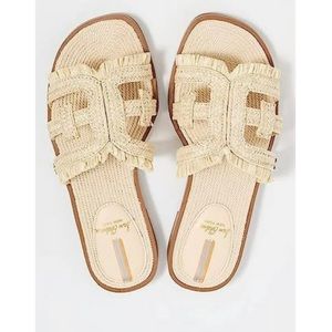 NEW Sam Edelman Bay Slide Open-Toe Leather Flats Sandals (Natural Raffia)